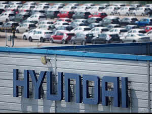 The logo of South Korea's biggest automaker Hyundai Motor is pictured at Pyeongtaek port in South Korea