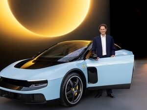 John Elkann, Ferrari chairman and the automaker’s newly unveiled EV—the Luce.