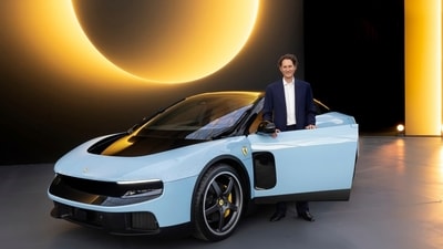 John Elkann, Ferrari chairman and the automaker’s newly unveiled EV—the Luce.