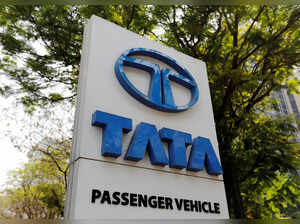 A Tata Motors logo is pictured outside the company showroom in Mumbai
