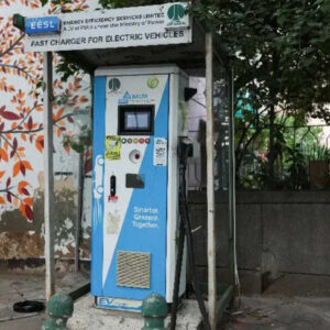 An electric car charging station is seen at a market in New Delhi