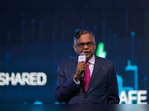 FILE PHOTO: N Chandrasekaran speaks at an auto expo in Greater Noida, India