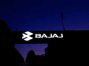 Logo of  Bajaj Auto Ltd. is pictured at one of their service centres in New Delhi